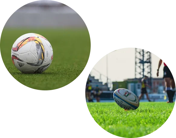 close-up of a rugby ball resting on the green grass. The blurred background highlights the ball and creates a calm contrast to the action of the match